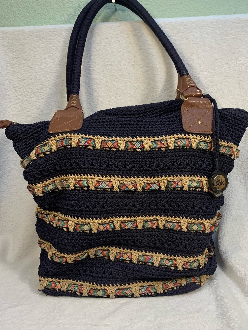 The Sak Crochet Purse Navy Tan Boho Tribal Aztec Woven Ribbon Shoulder Handbag